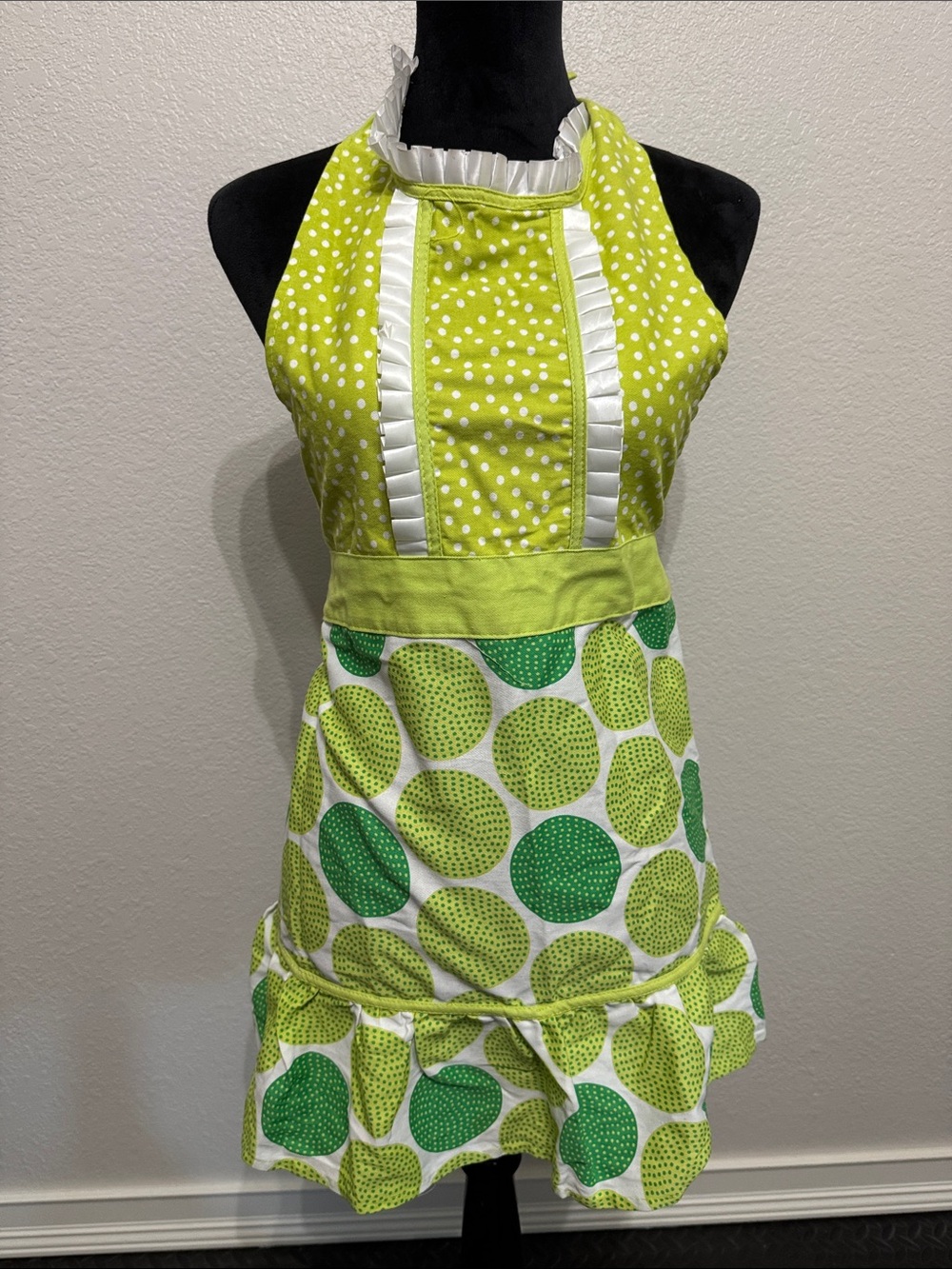 Lime Green Polka Kitchen Apron with Ruffle Detail